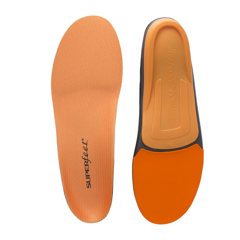 Superfeet orange insoles for shock absorption and male feet